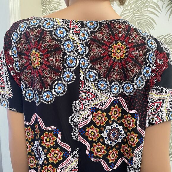 Faux Wrap Dress Boho 2X Medallions Side Tie Swing Textured Wrinkle Resistant - Picture 10 of 14